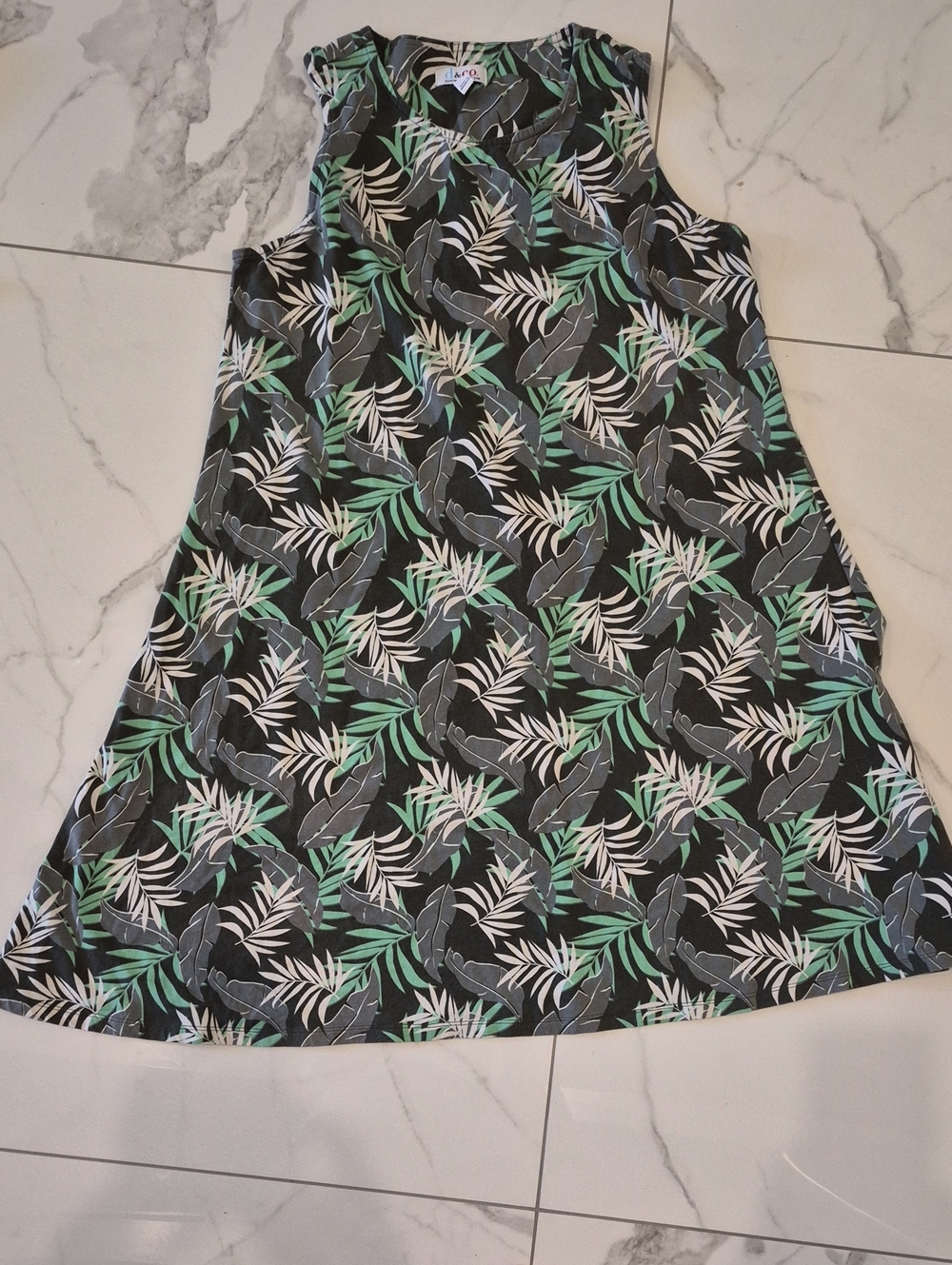 D & Co Black A-Line Dress with Green and White Leaf Print
